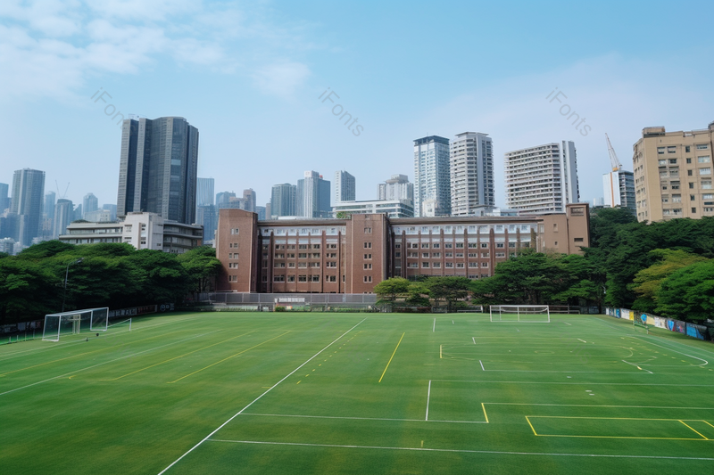校园白天运动场教学楼绿色树木实拍摄影图,高清,摄影图,摄影图片,图片大全,摄影图免费下载